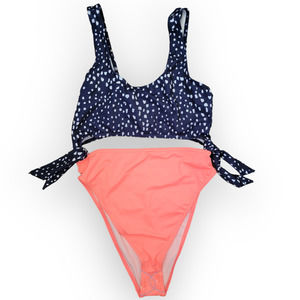 ASOS Swim High Waist Cheeky Coral Navy Ditsy Dot Bandeau Swimming Suit Sz US 8